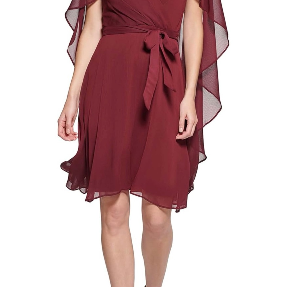 Elegant Burgundy DKNY womens V-neck Cape Dress NWT